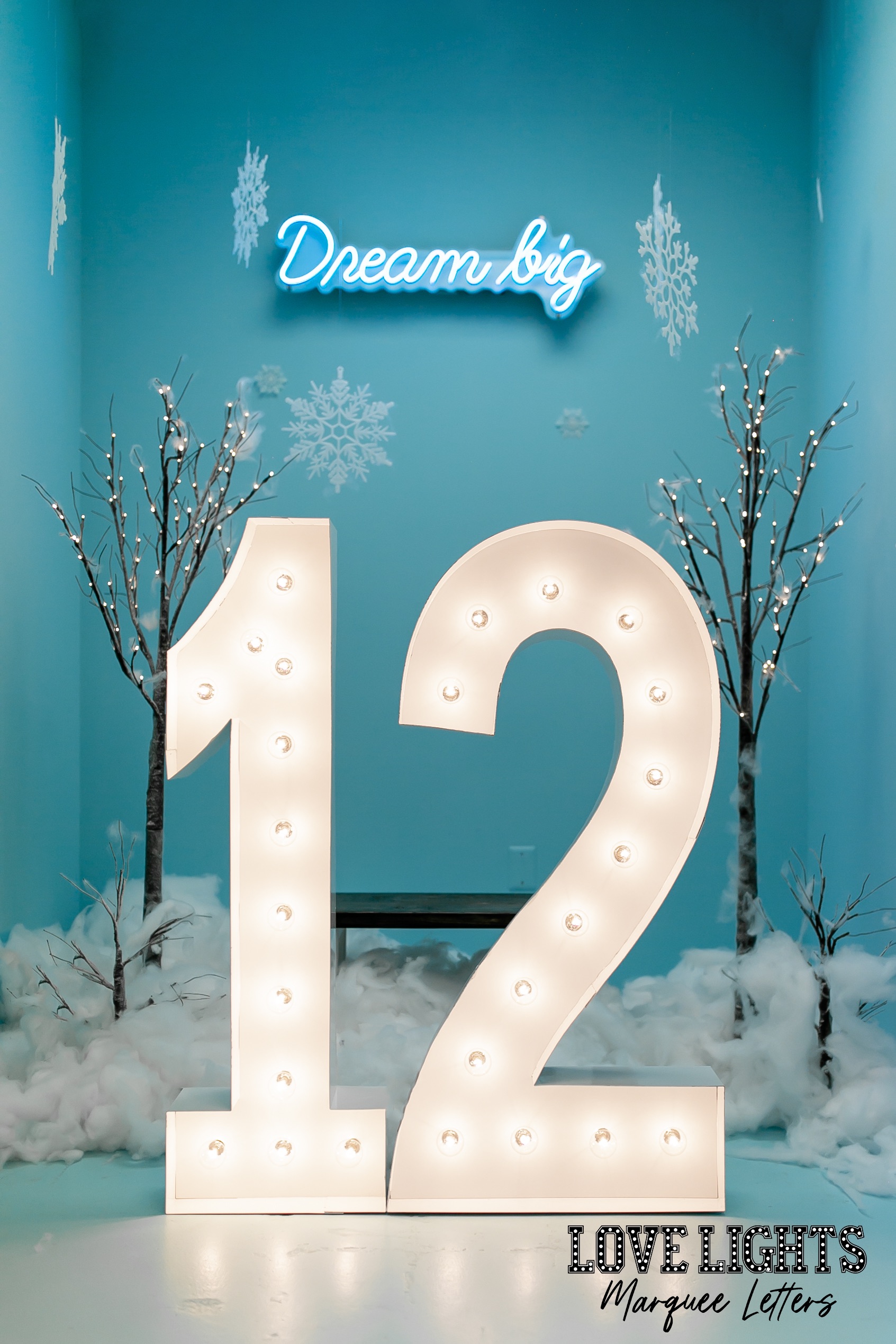 12 in lit marquee letters in a blue winter room with words Dream Big