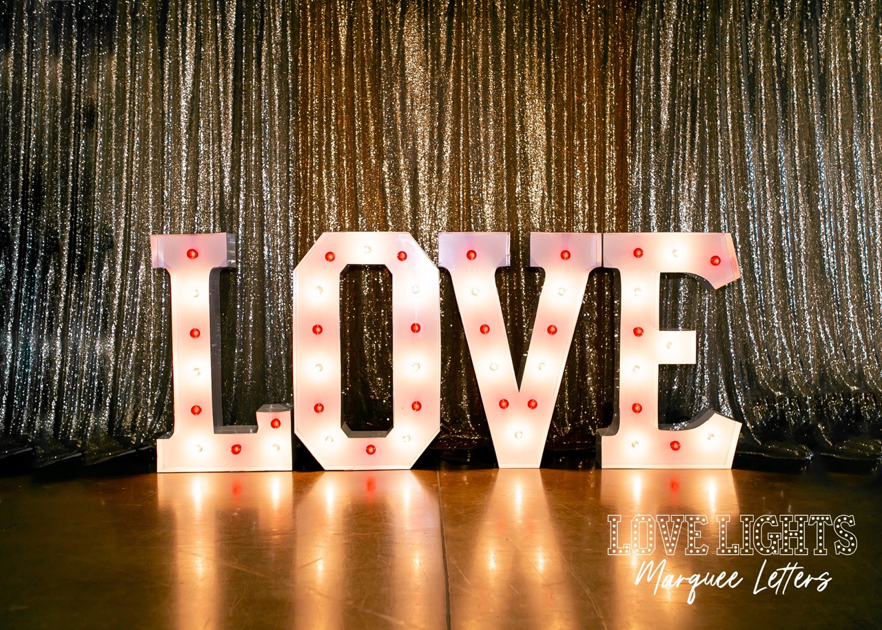 LOVE in lit marquee letters