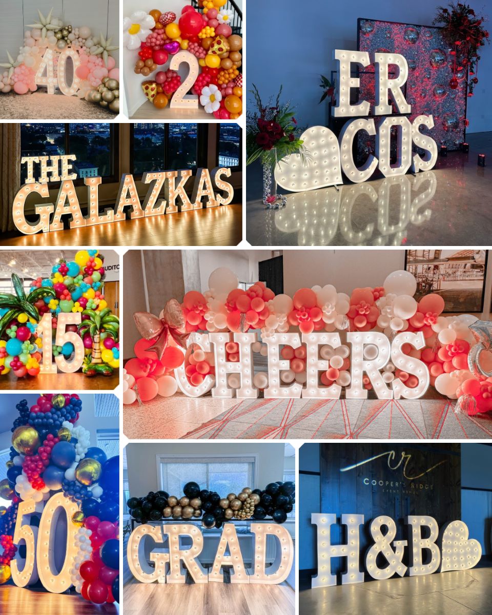 Love Lights Marquee Letters Collage for Colorado Springs, CO owner - Lynne - Birthday Numbers, Wedding Name, Grad, Cheers, and more - most surrounded by balloon art or other decor.